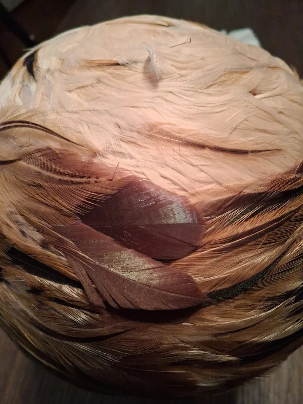 Large Feather Cloche Hat in Brown and Tan